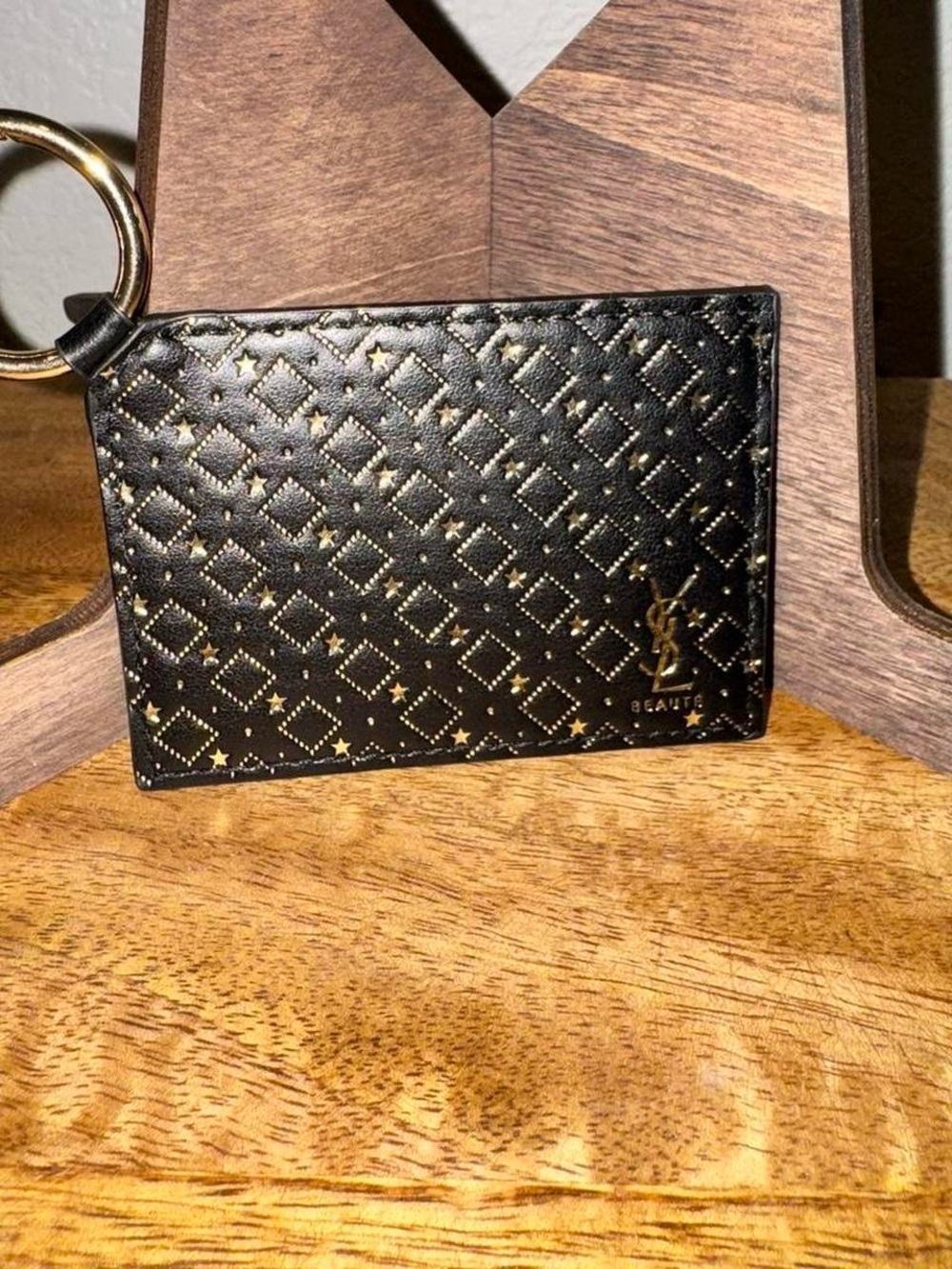 Yves Saint Laurent Black & Gold Quilted Card Holder Key Ring